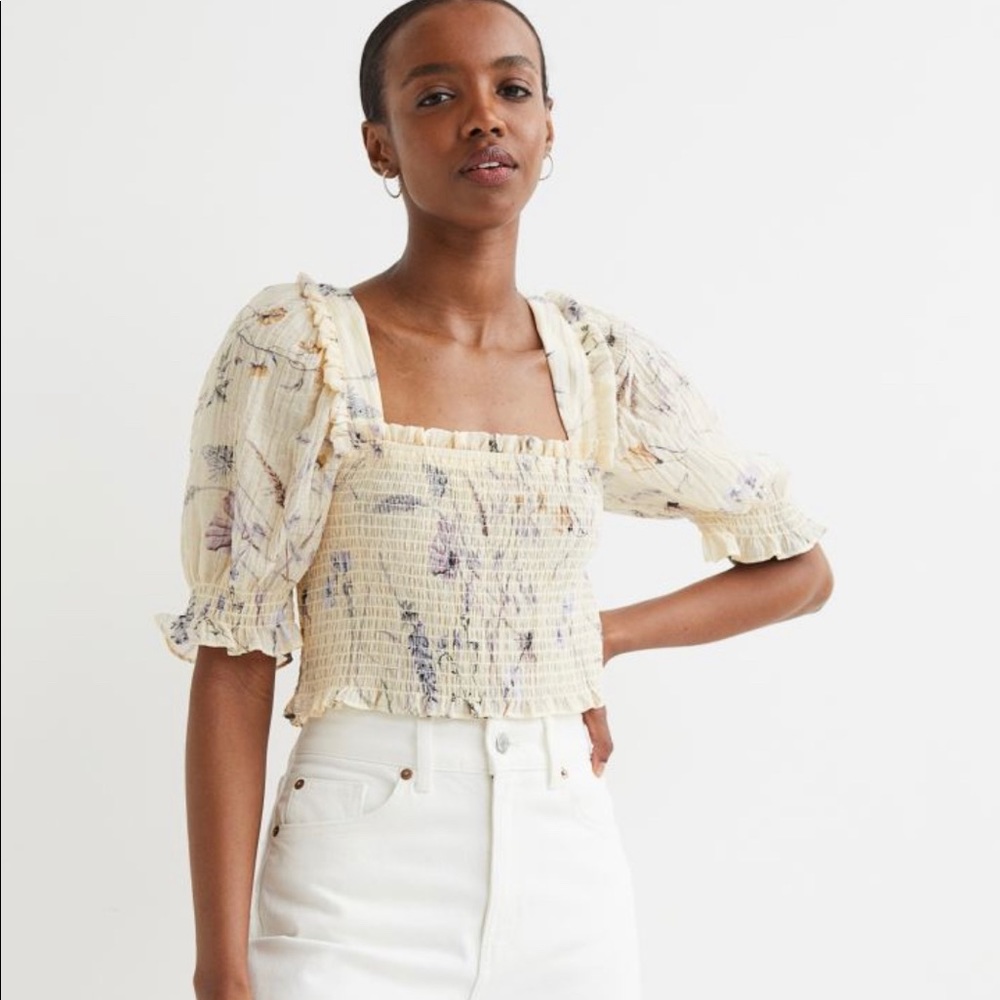 Floral Yellow Smock Top - Puff Sleeve - L